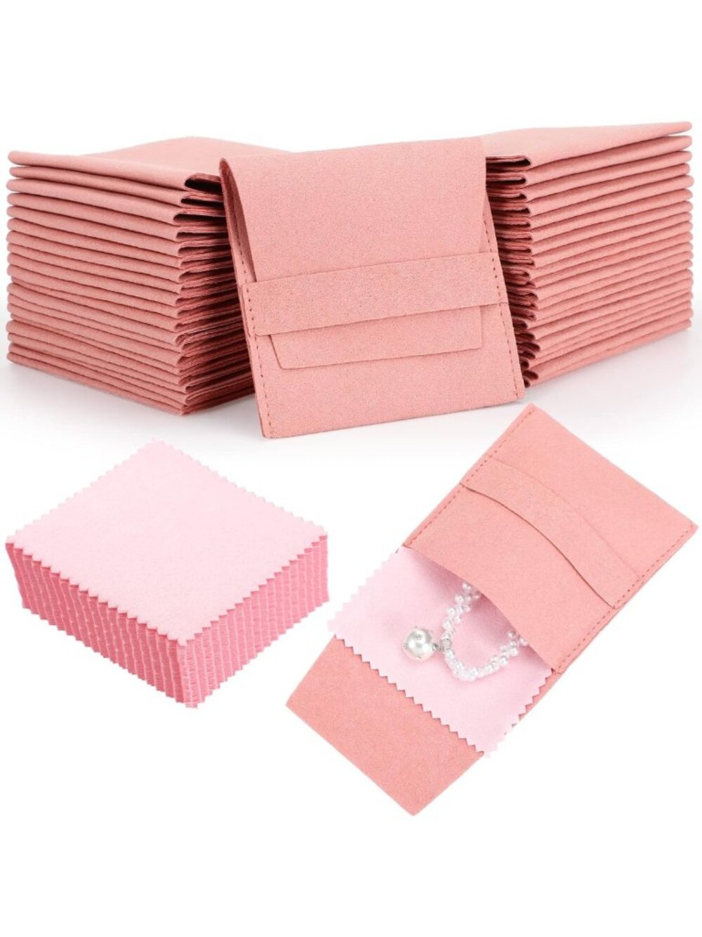 120 Pcs Microfiber Jewelry Pouches with Cleaning Cloth - Luxury Gift Bags, Pink